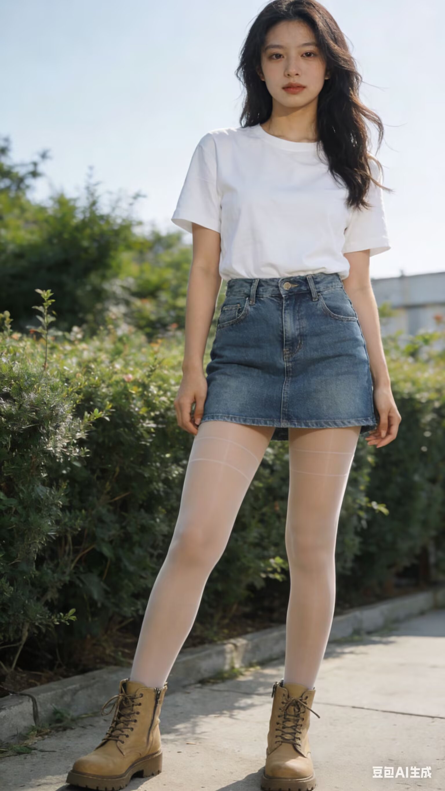 马丁靴搭配肉色超薄连体丝袜牛仔裙