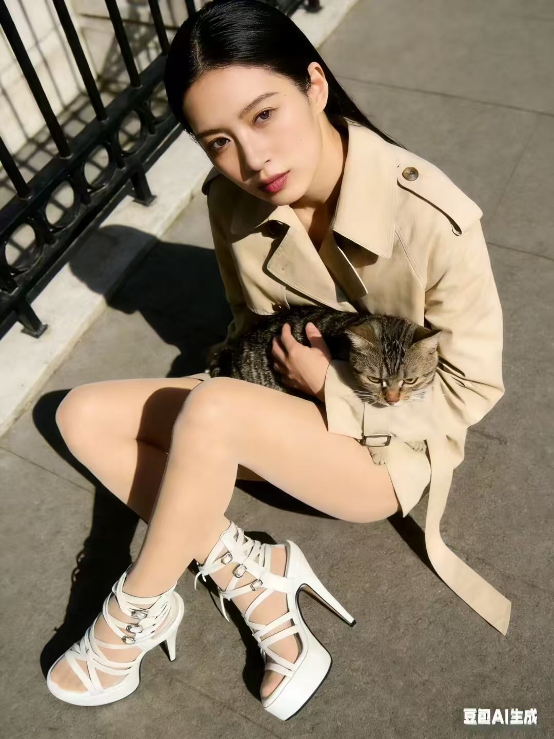 卡其色短款风衣搭配肉色超薄连体丝袜